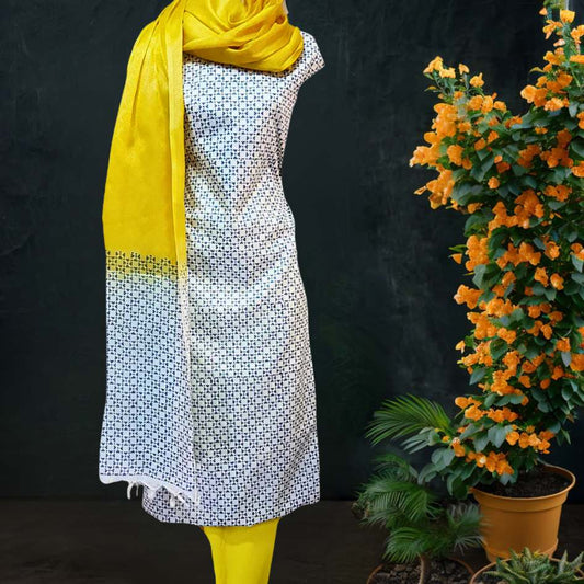 Block Printed Tussar Silk Suit in Yellow White