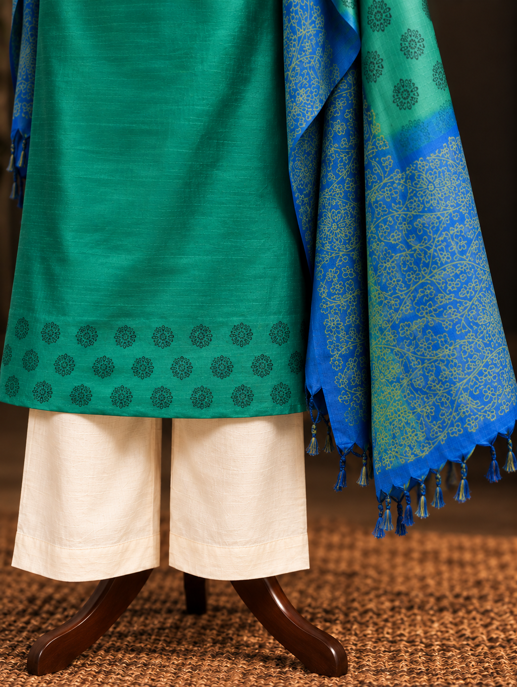 Premium Blue Green Printed Tussar Silk Unstitched Dress Material