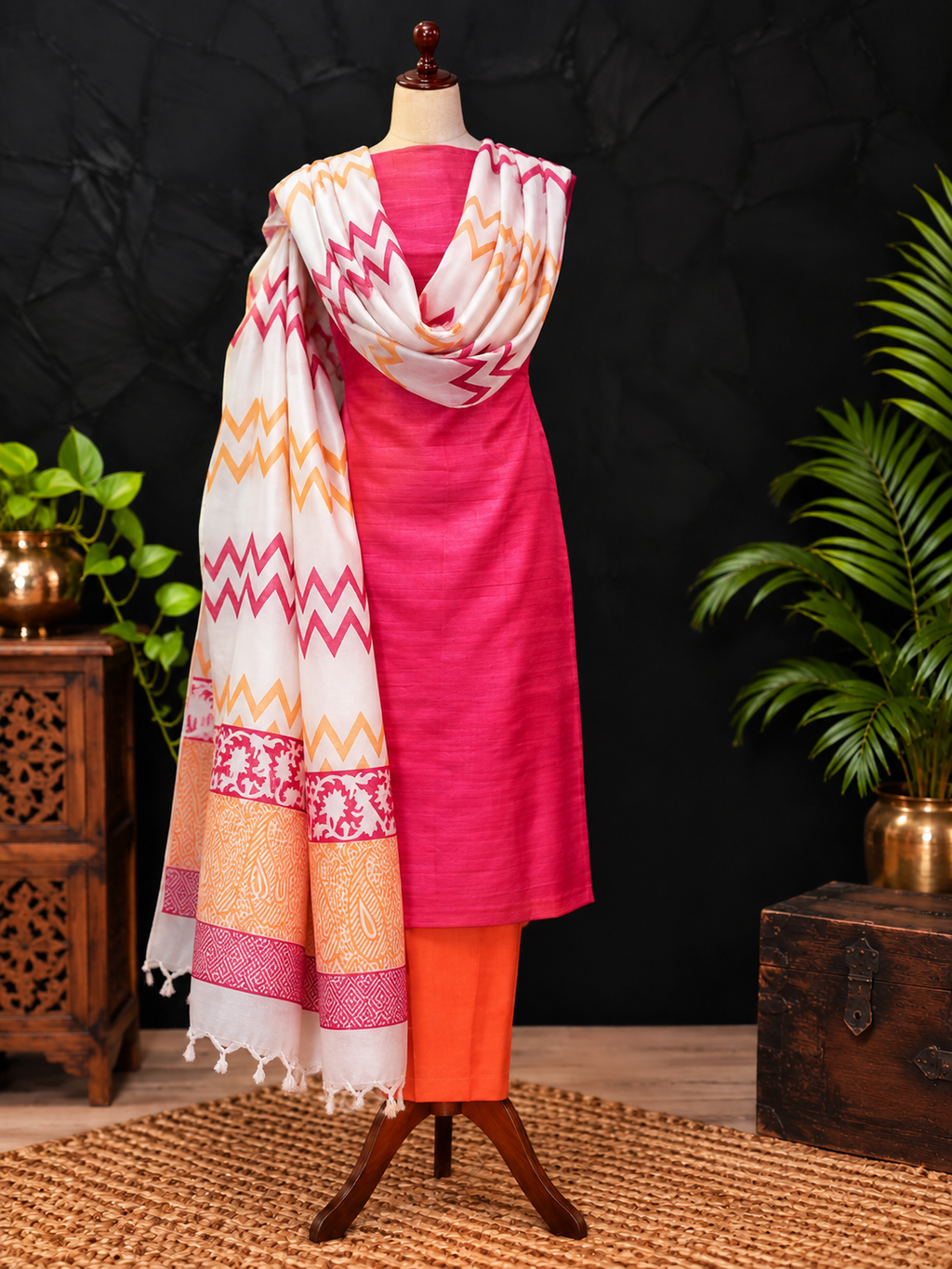 A three-piece women's silk  salwar kameez suit set displayed on a mannequin, featuring a bright pink kurta, orange trousers, and a white dupatta with pink, orange, and yellow geometric and paisley patterns, set against a dark textured backdrop with decorative plants.