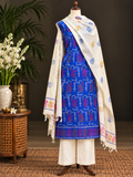 Premium Royal Blue Tussar Silk Unstitched Suit Set with Multi-Color Block Print Dupatta