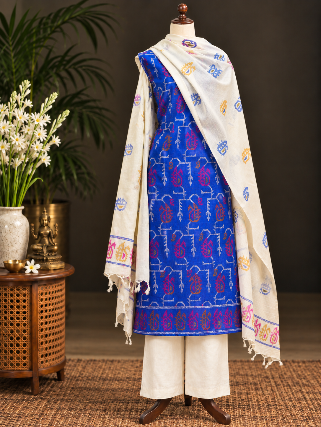 Premium Royal Blue Tussar Silk Unstitched Suit Set with Multi-Color Block Print Dupatta