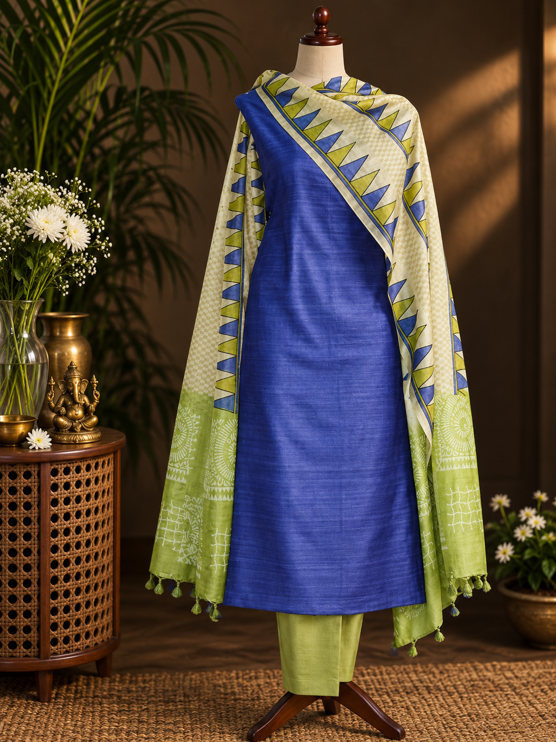 Solid Blue Silk Kurta Fabric with Green & Cream Geometric Dupatta