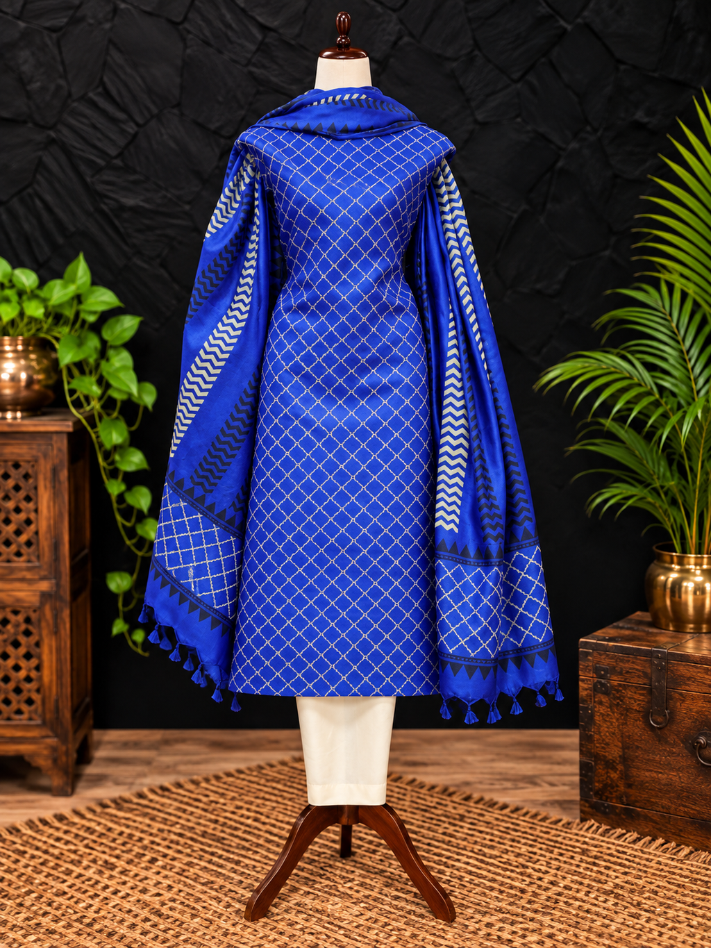 Tussar Silk Suit In Royal Blue Shade