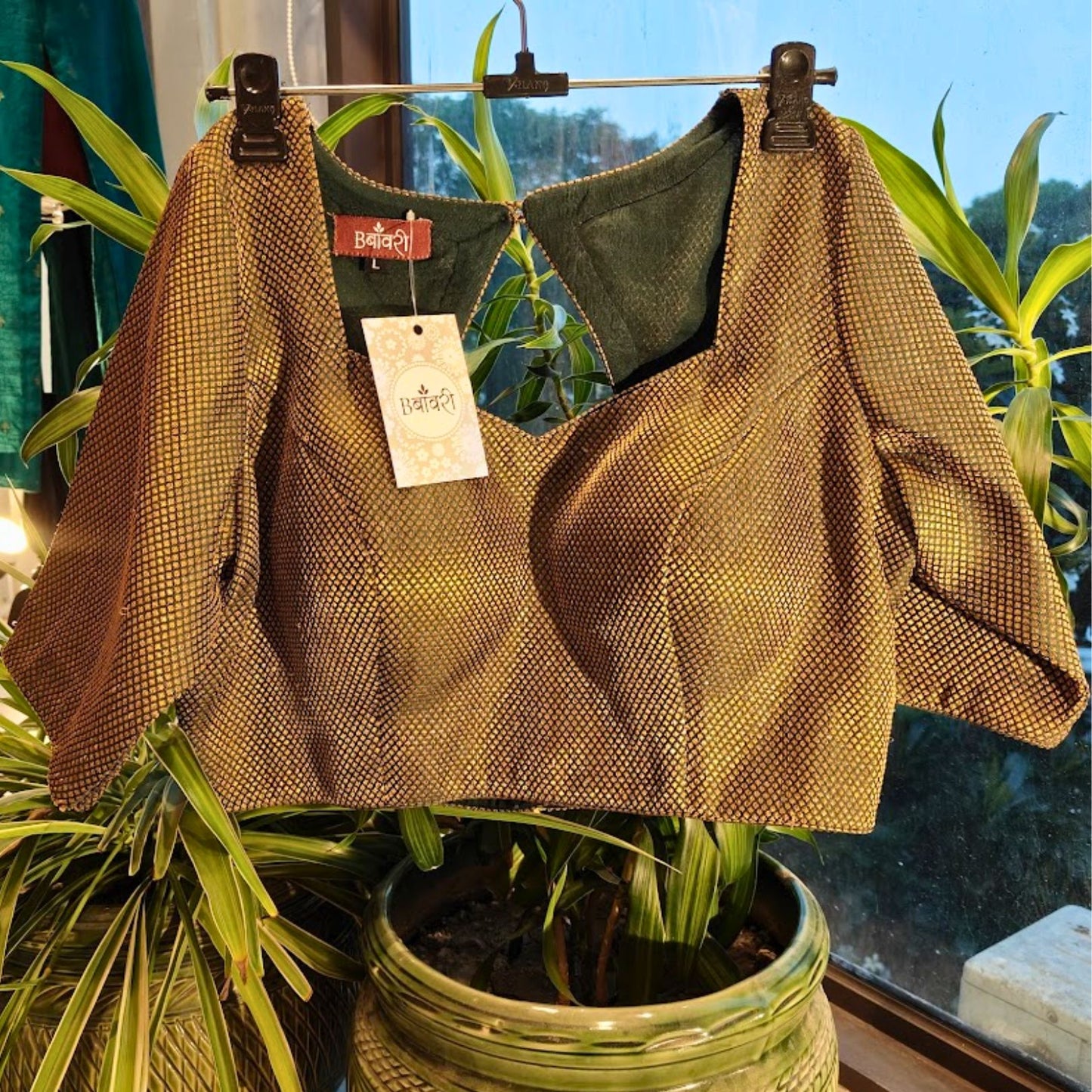 Banarasi Brocade Green Silk Blouse with Sleeves
