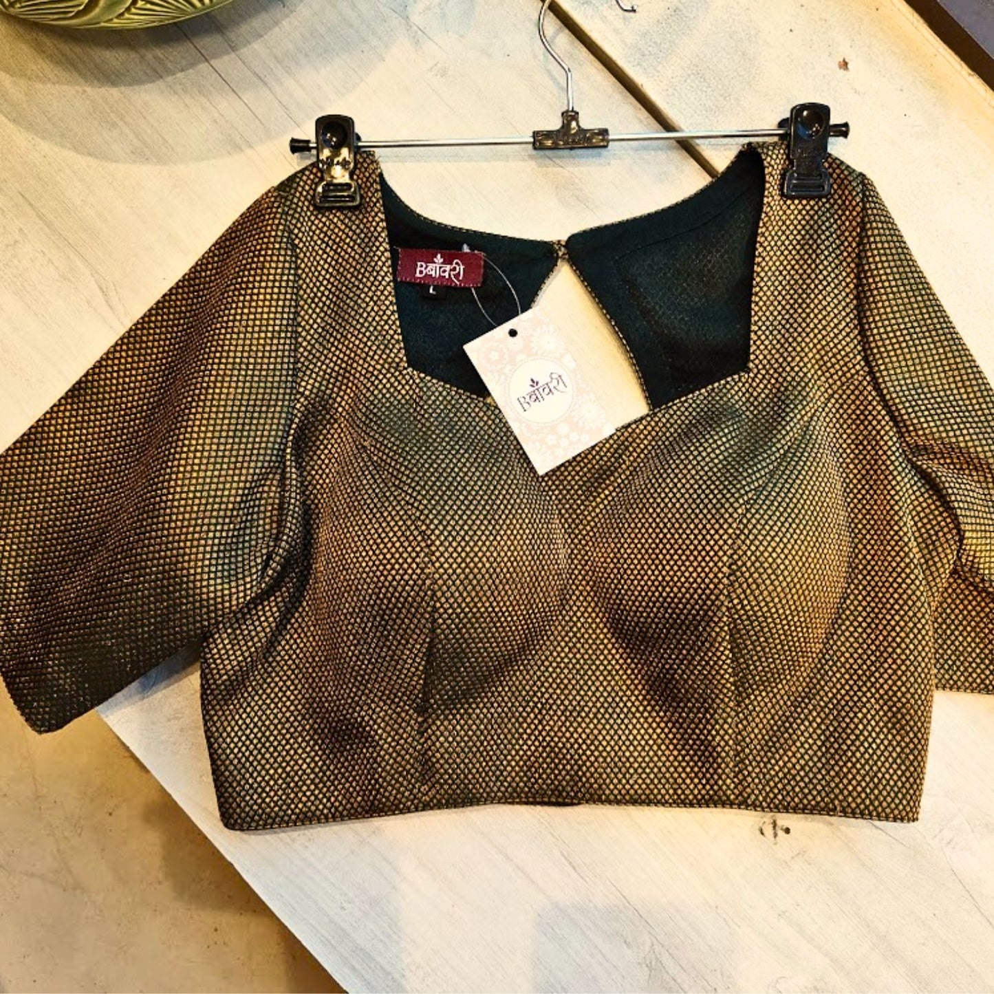 Banarasi Brocade Green Silk Blouse with Sleeves