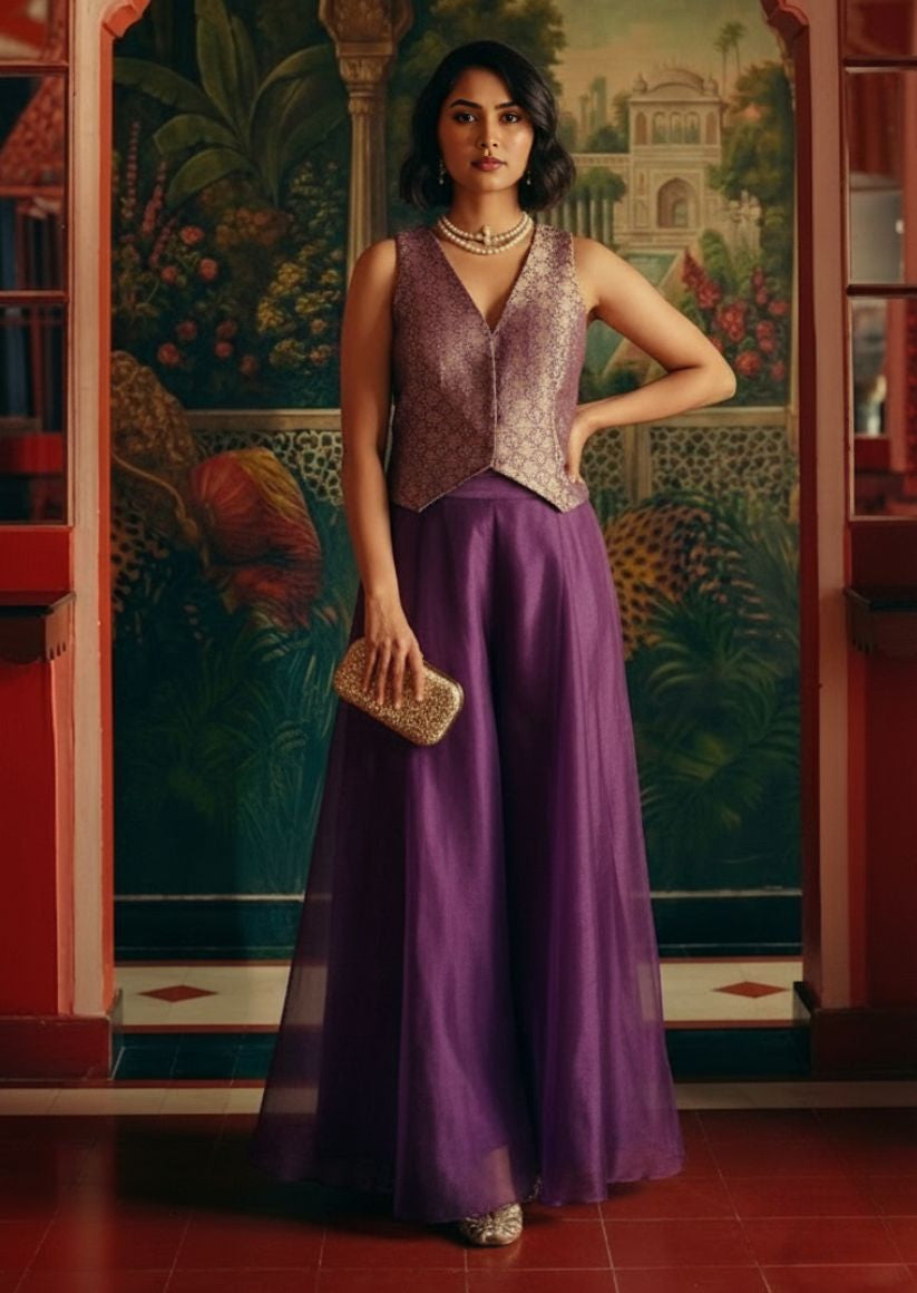 Royal Purple Brocade Indo-Western Waistcoat & Palazzo Pant Set