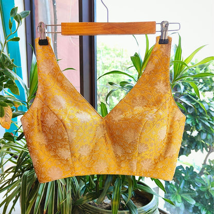 Brocade Banarasi Silk Blouse in Yellow with Deep Neck