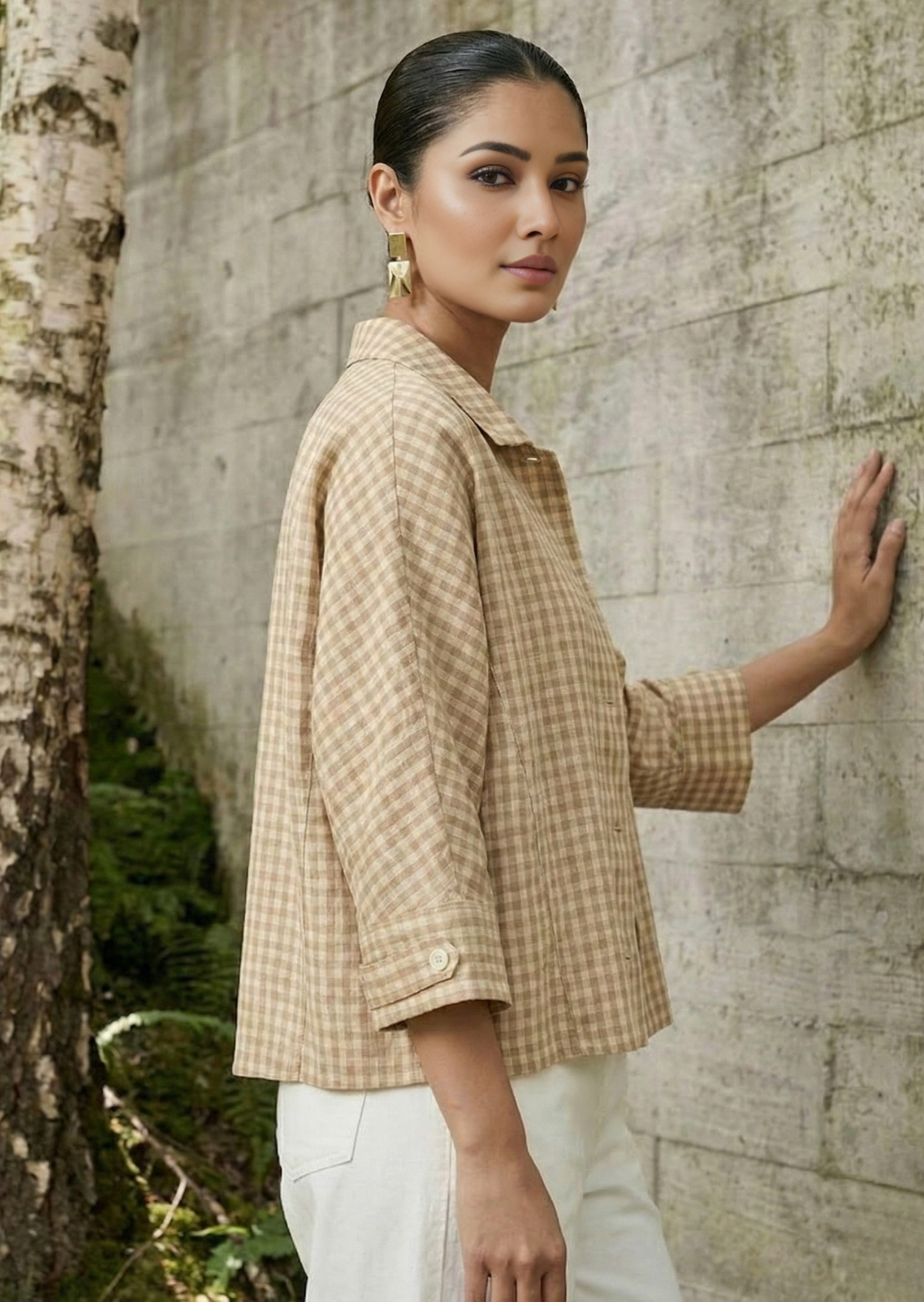 Brown Check shirt for Women in Cotton Linen