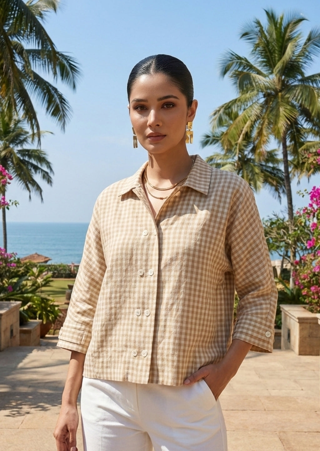 Brown Check shirt for Women in Cotton Linen