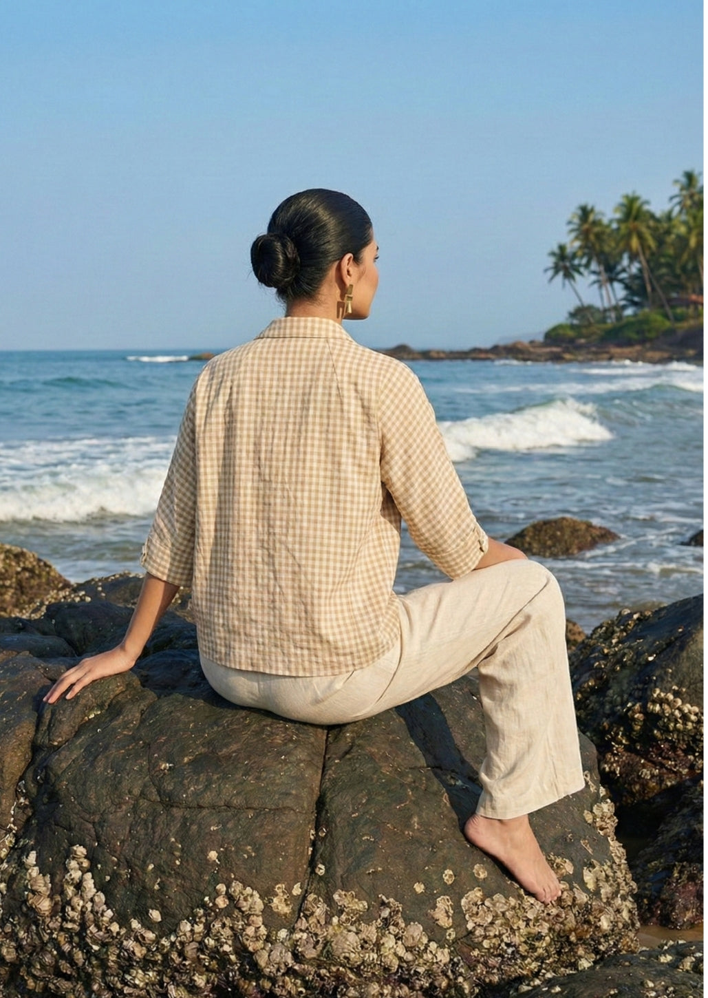 Brown Check shirt for Women in Cotton Linen