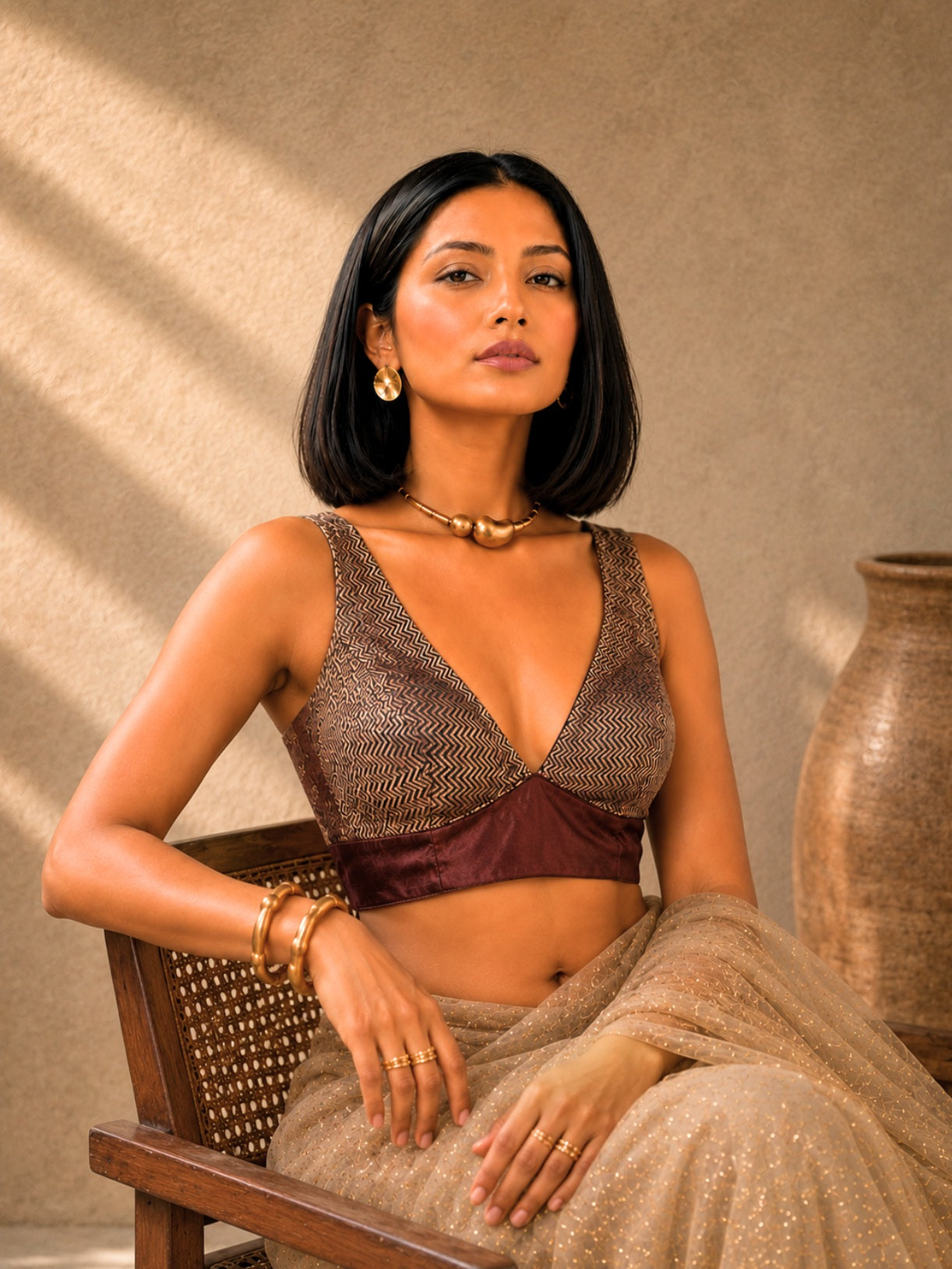 Copper Brocade Masru Silk Blouse