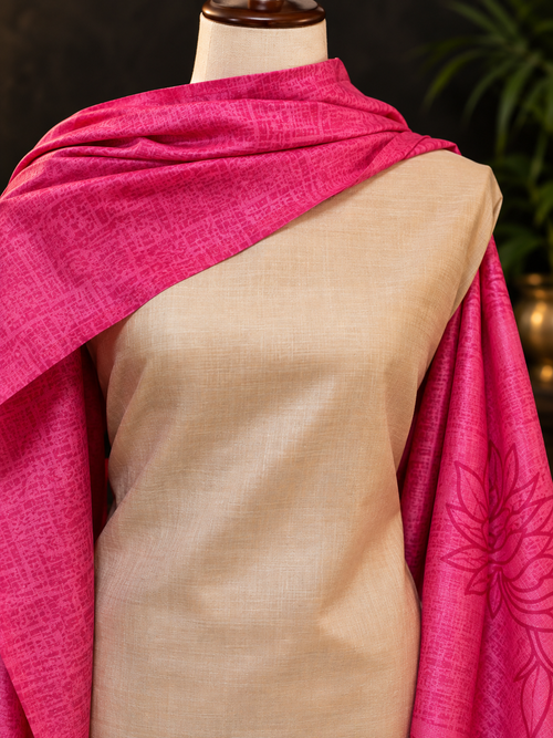 Beige Tussar Silk Kurta Set with Pink Dupatta