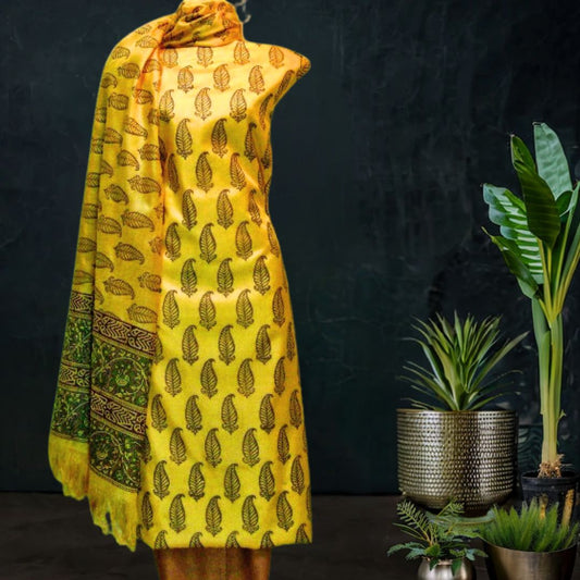 Classic Tussar Silk Suit with Yellow Base with Paisley Motifs
