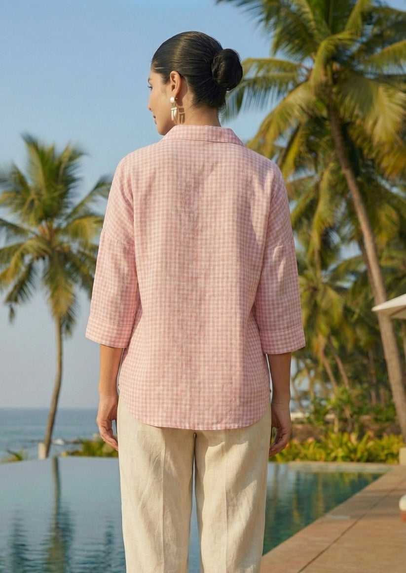 Cotton Linen Check Shirt Pink