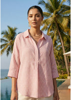 Cotton Linen Check Shirt Pink for women