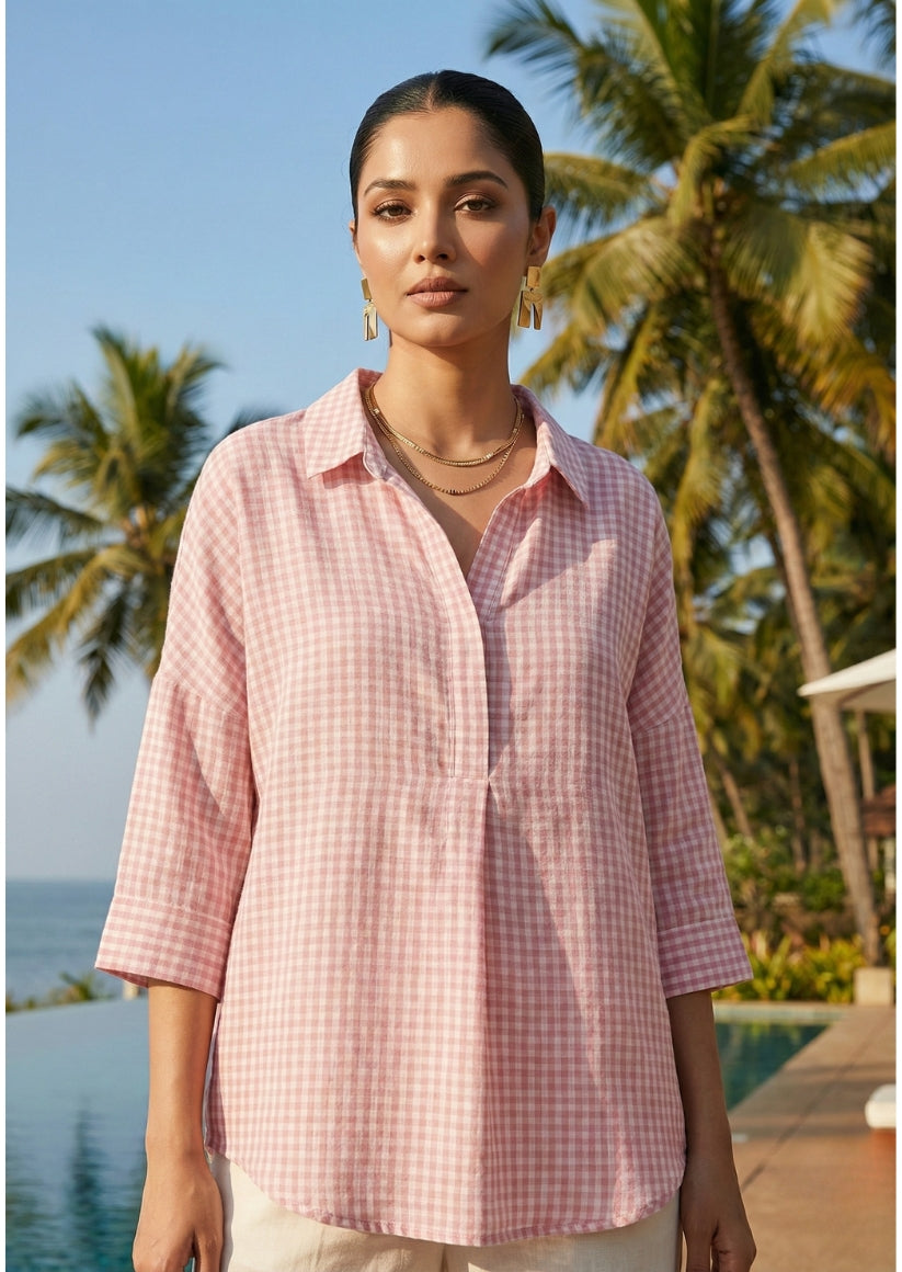 Cotton Linen Check Shirt Pink for women