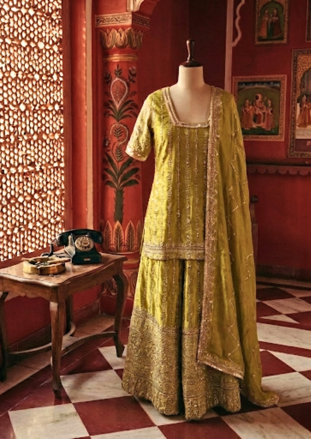 Lime Green Sharara Set in Gajji Silk with Embellished Dupatta