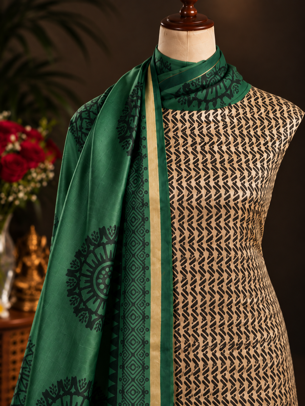 Stunning Emerald Green & Beige Unstitched Dress Material