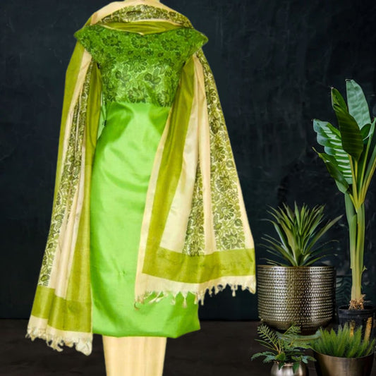 Elegant Green Tussar Silk Salwar Suit with Cream Hue