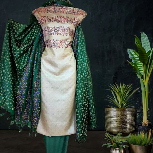 Elegant Green Tussar Silk Salwar Suit with Off-White Accents