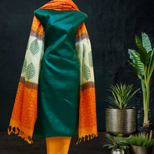 Elegant Green Tussar Silk Salwar Suit with Orange Shade