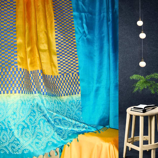 Elegant Tussar Silk Suit Set in Blue and Yellow