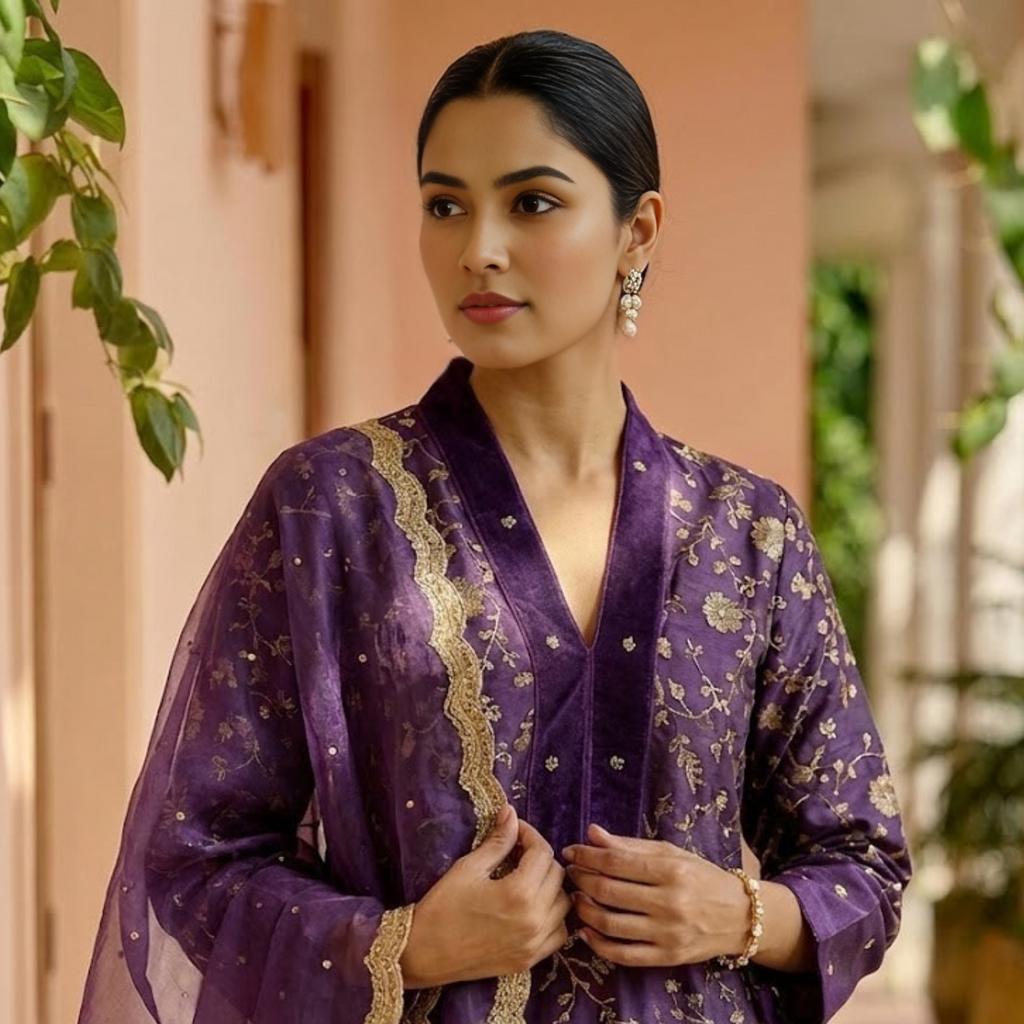 Embroidered Purple Silk Kurta Set with Dupatta 2