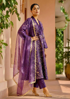 Embroidered Purple Silk Kurta Set for wedding 