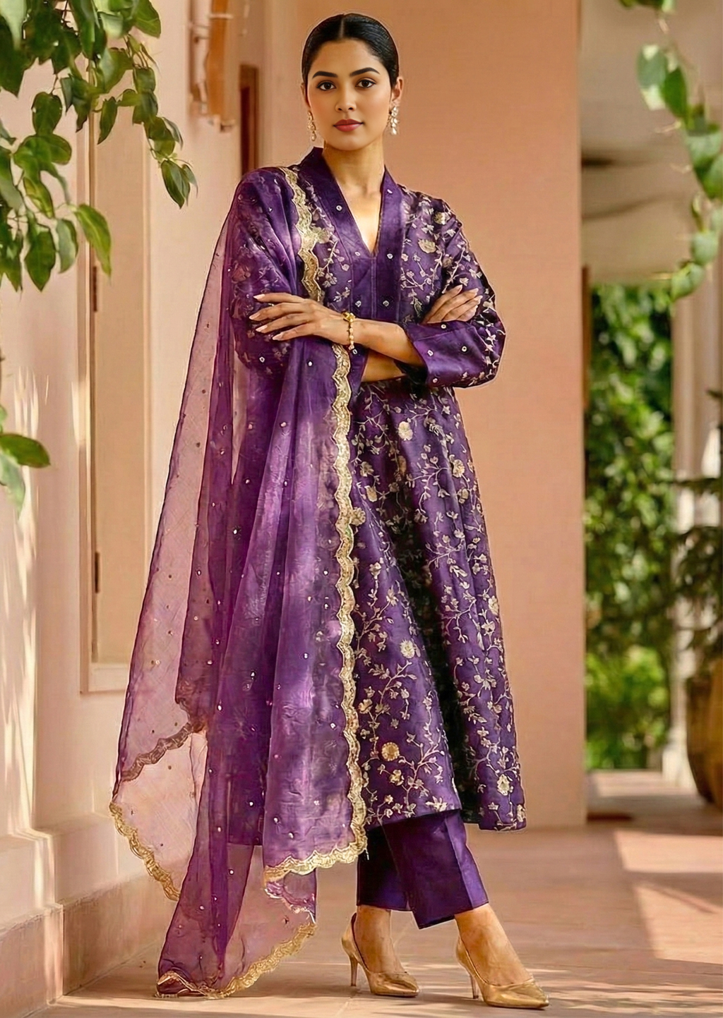 Embroidered Purple Silk Kurta Set with Dupatta 