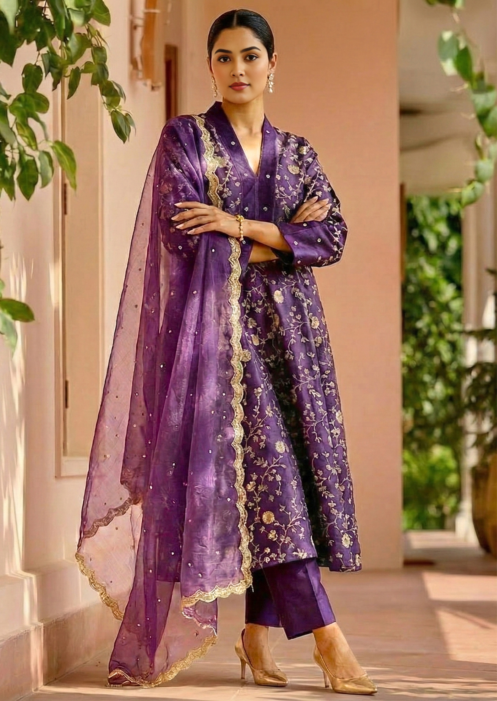 Embroidered Purple Silk Kurta Set with Dupatta 