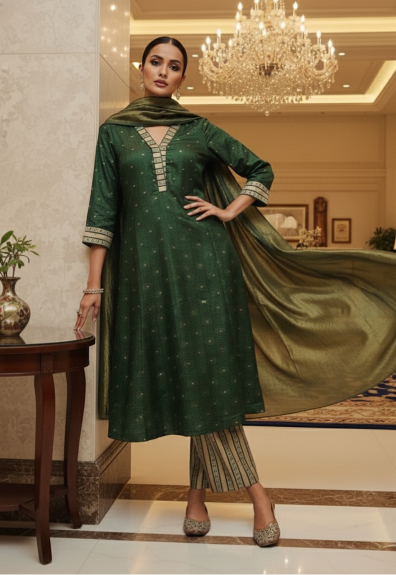 Emerald Green Banarasi Silk Kurta Set with Dupatta