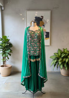 Emerald Green Pure Banarasi Silk Top with Pure Georgette Gharara & Tulle Dupatta