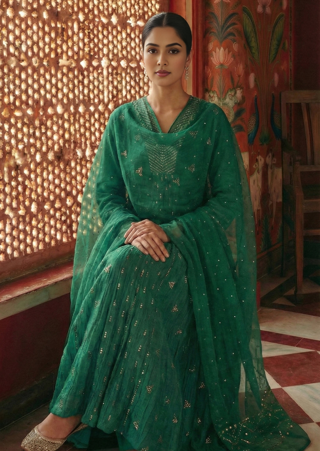 Emerald green Chanderi silk Anarkali suit set with hand Mukaish embroidery, organza silk dupatta and straight pants for wedding wear