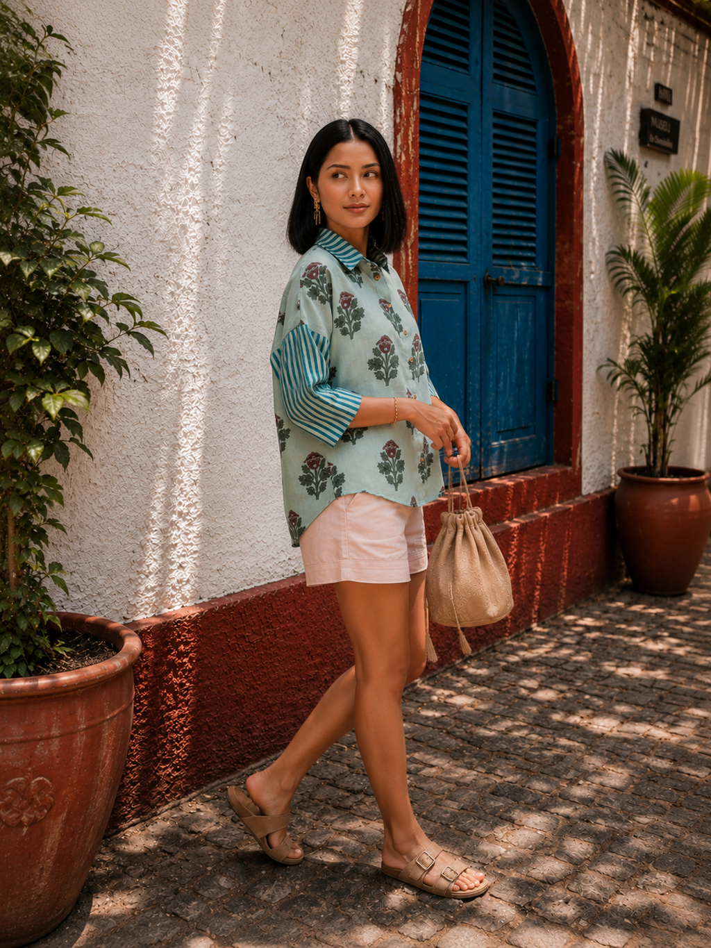 Teal Blue  Floral Printed Linen Shirt for Women
