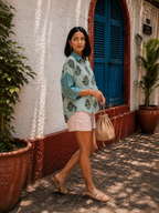 Teal Blue  Floral Printed Linen Shirt for Women