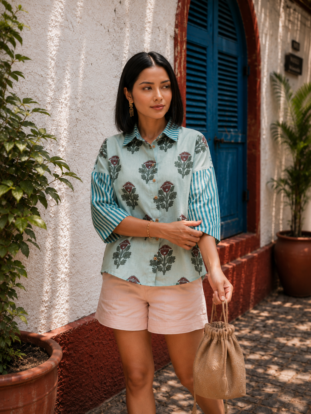 Teal Blue  Floral Printed Linen Shirt for Women