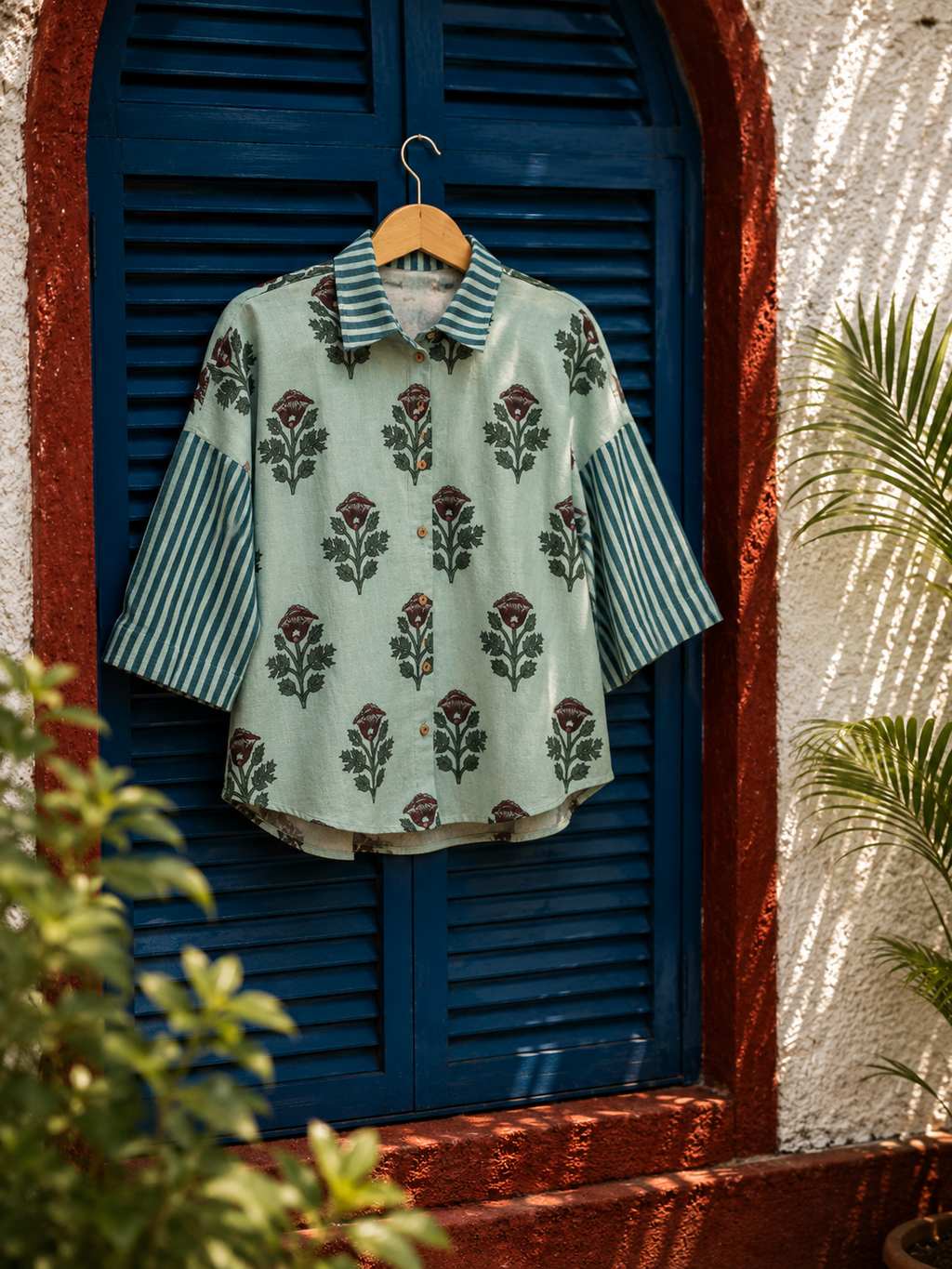 Teal Blue  Floral Printed Linen Shirt for Women