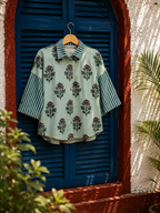 Teal Blue  Floral Printed Linen Shirt for Women