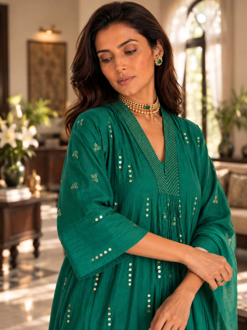Green Embroidered Chanderi silk suit with Silk Organza Dupatta