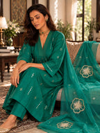 Green Embroidered Chanderi silk suit with Silk Organza Dupatta