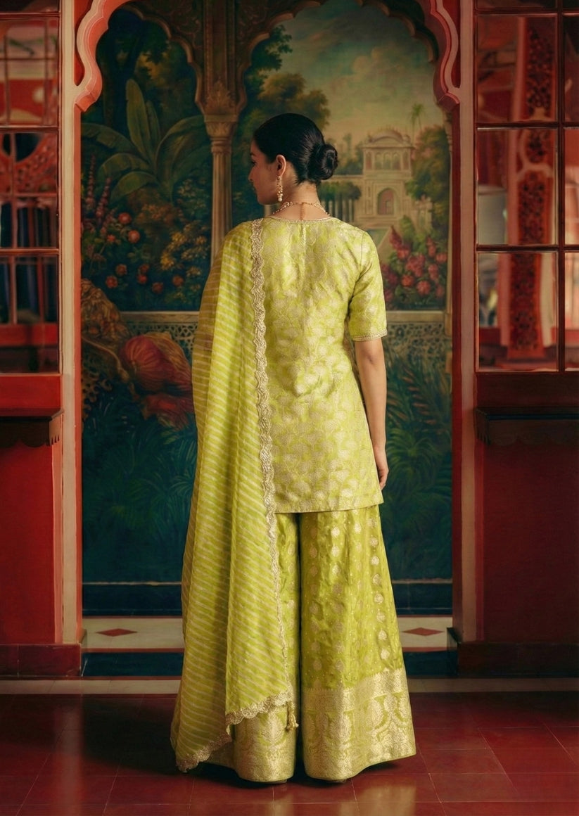 Radiant Lime Green Brocade Kali Sharara Set – The Perfect Haldi Outfit