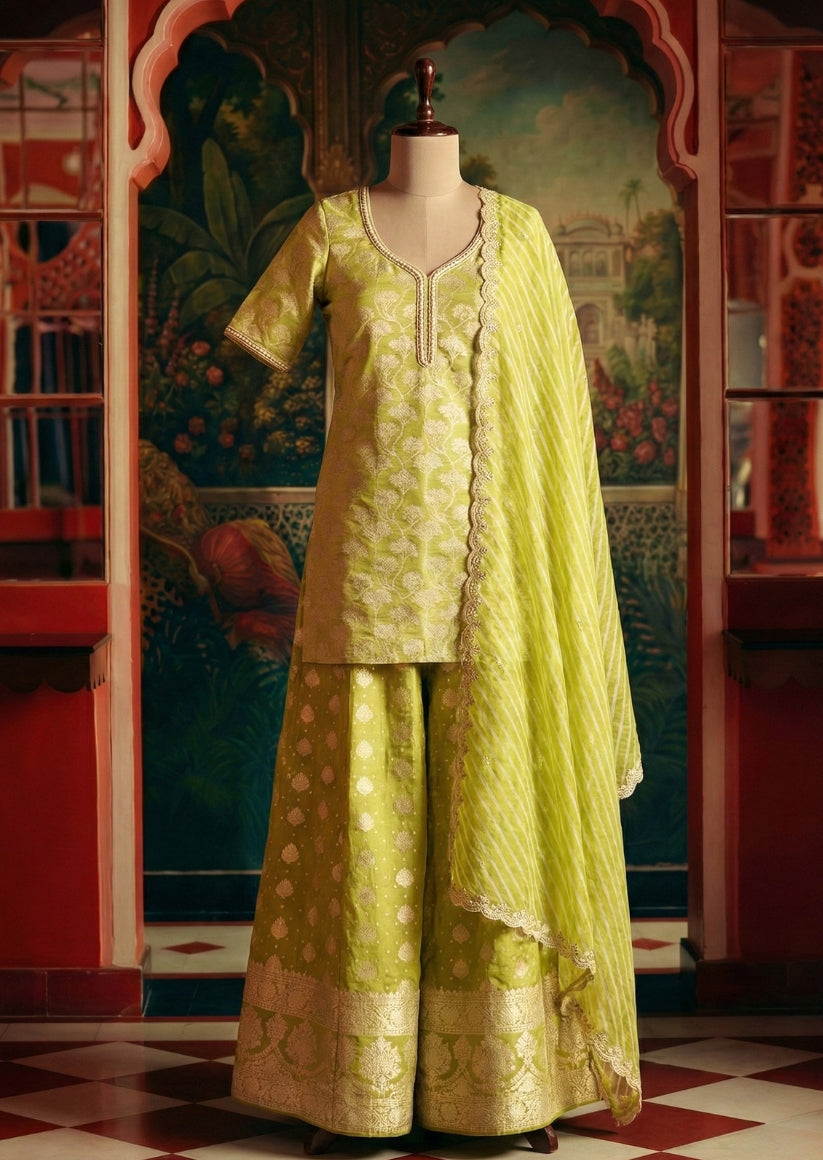 Radiant Lime Green Brocade Kali Sharara Set – The Perfect Haldi Outfit