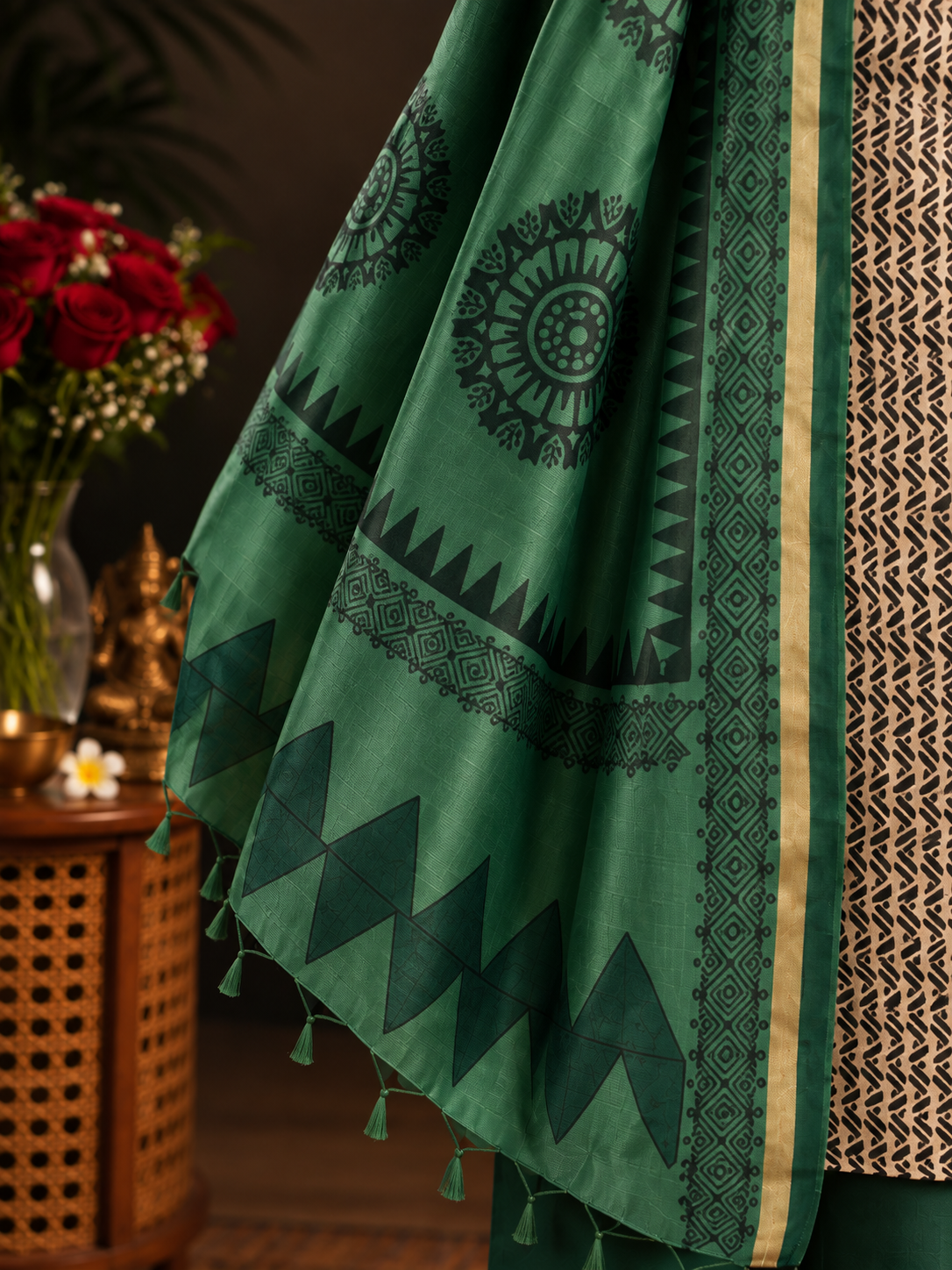 Stunning Emerald Green & Beige Unstitched Dress Material