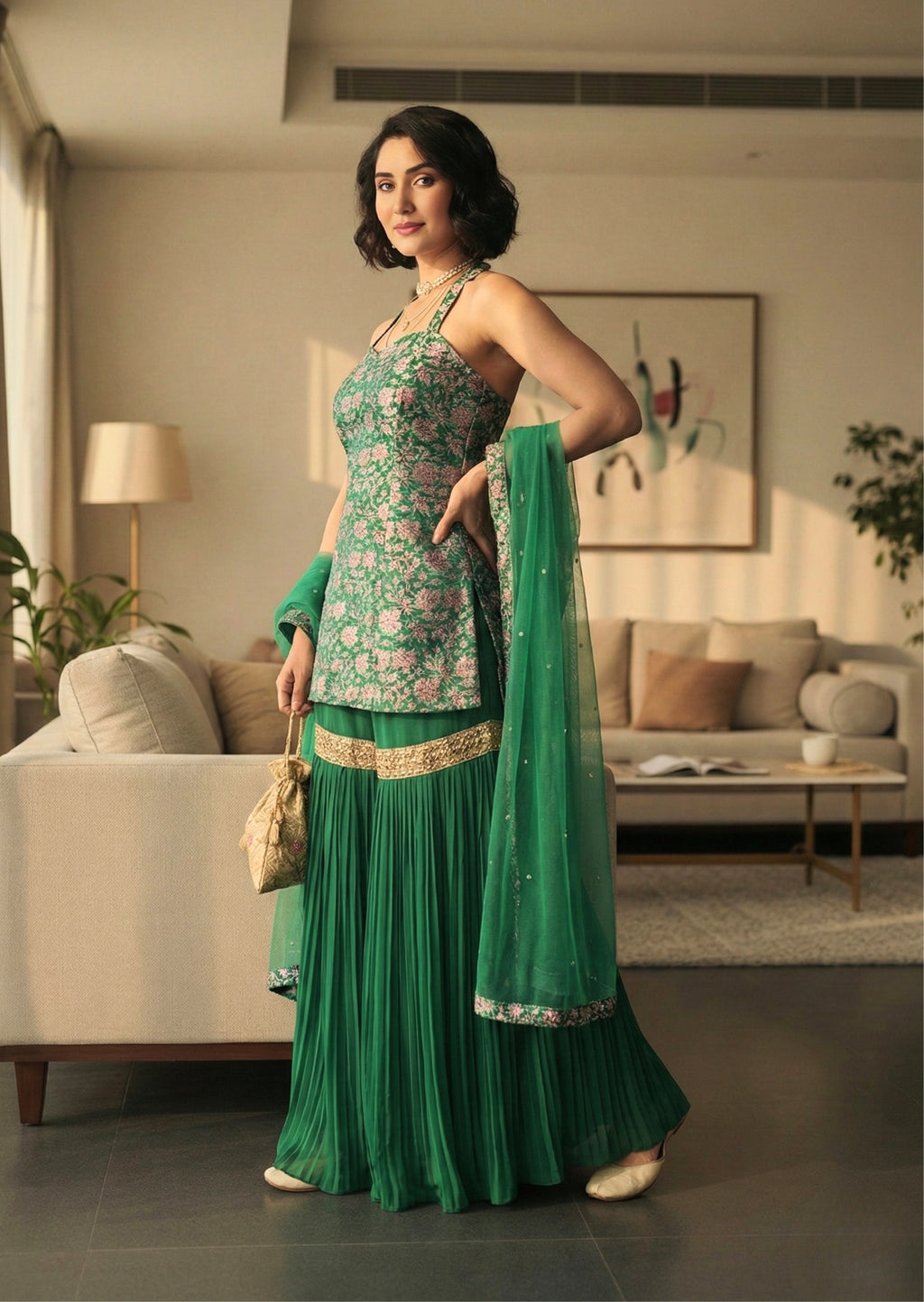 Indo western Green Silk Gharara for Mehandi