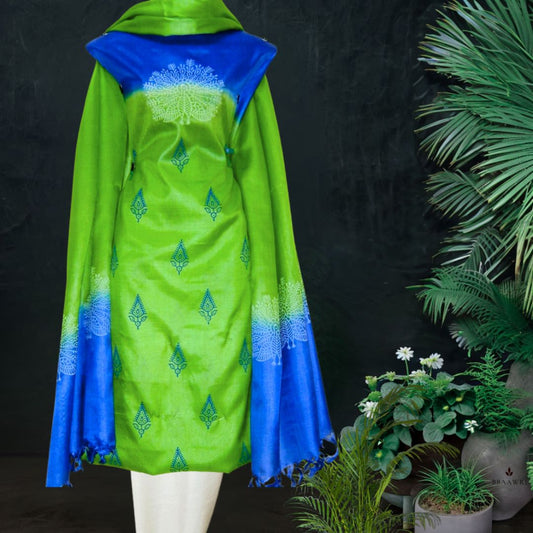 Green Blue Floral Printed Tussar Silk Dress Material 