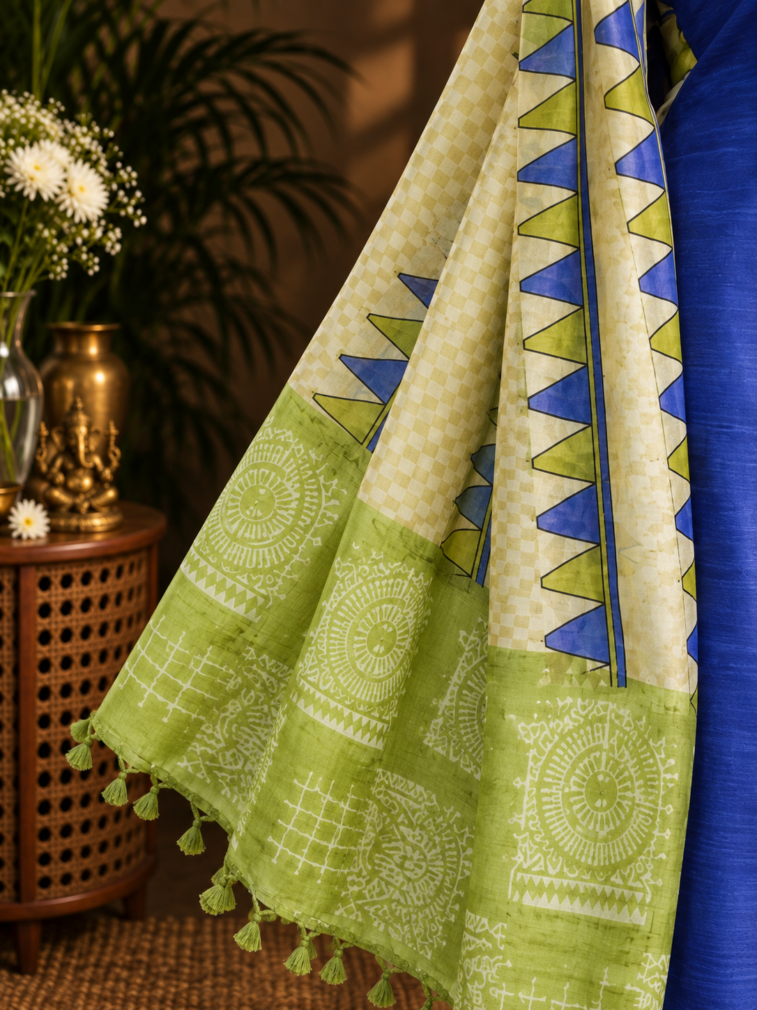 Solid Blue Silk Kurta Fabric with Green & Cream Geometric Dupatta