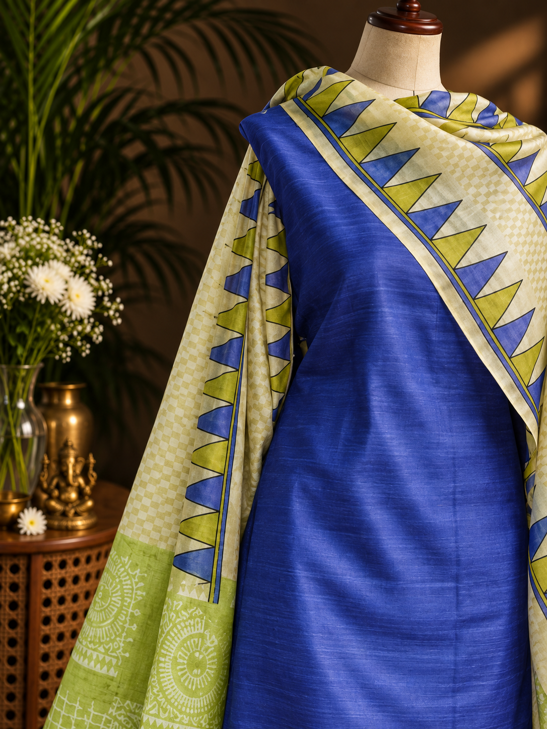 Solid Blue Silk Kurta Fabric with Green & Cream Geometric Dupatta
