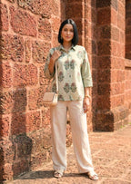 Green block print linen shirt for women