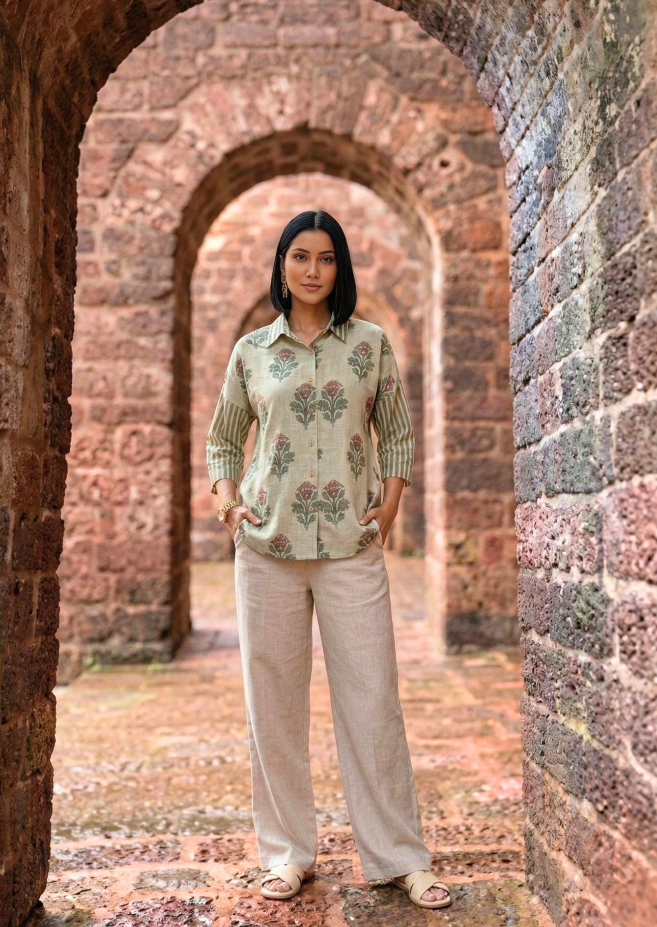 Green printed linen shirt women relaxed fit