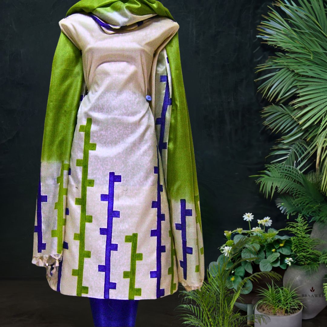 Hand Block Printed Tussar Silk Dress Material in Green Blue Geometric Pattern